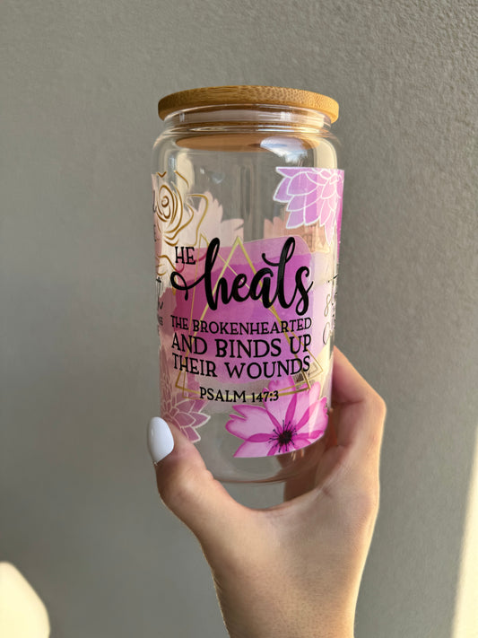 He Heals The Brokenhearted 16oz Glass Tumbler